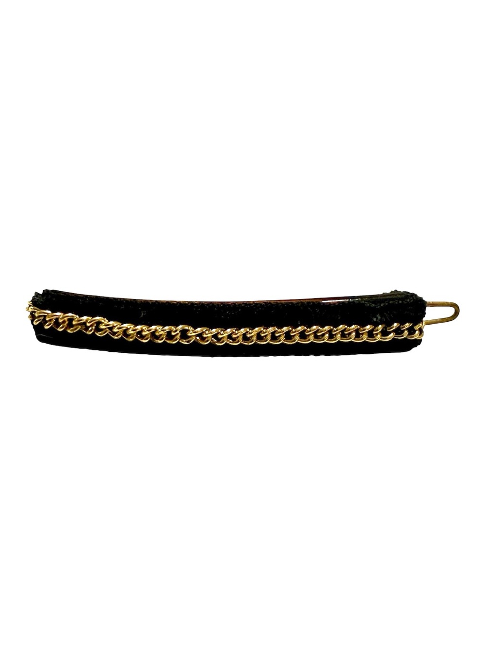 1970’s Vintage Velvet French Barrette in Black with a Gold Chain Accent, 2.5”